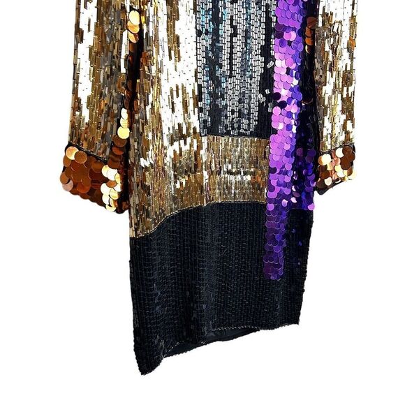 CEDARS VINTAGE SILK SEQUIN PARTY DRESS SIZE 4 Gold Purple Mini Long Sleeve 80s - Picture 12 of 16